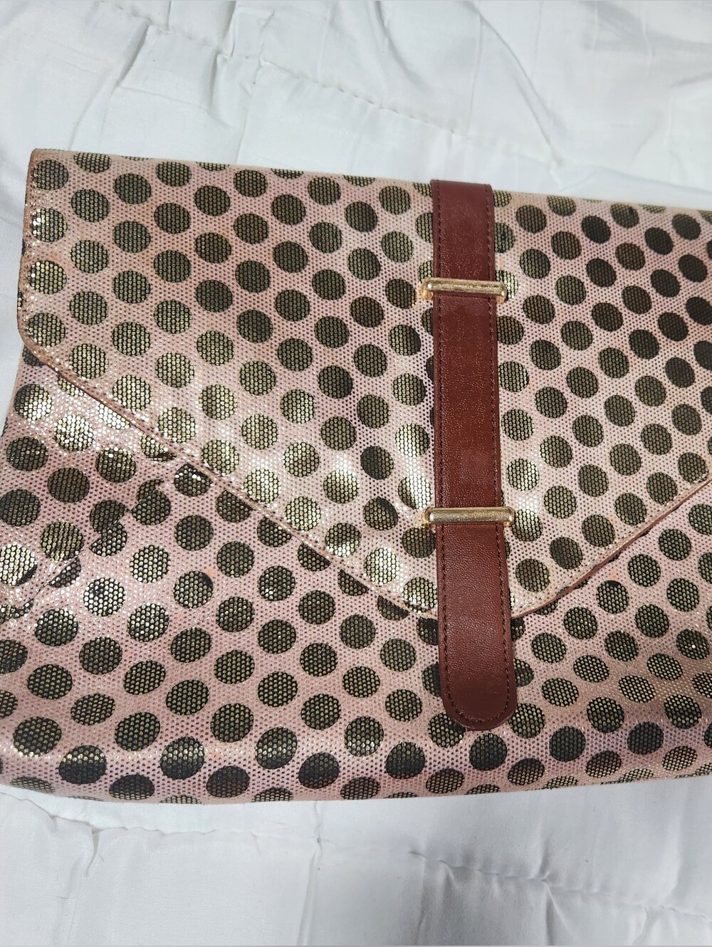 Light Pink Polka Dot Envelope Clutch with Brown Strap